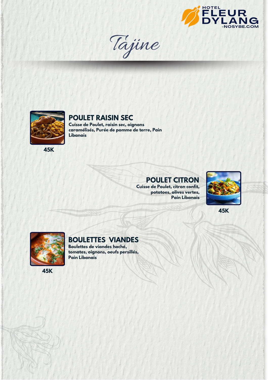 Carte Tajine — Restaurant Fleur d'Ylang